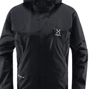 Svart vindjacka från Haglöfs - Astral GTX Jacket Women Nypris 4000                       Hål inuti höger jackficka så det kan åka ner i resåret men åker inte ut ur jackan, går att sy igen det. Annars inga defekter, alla dragkedjor funkar och inga andra hål 