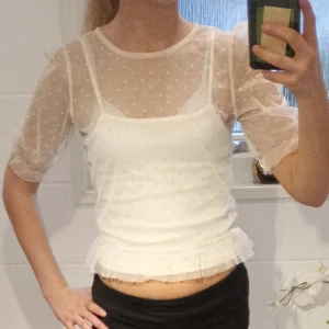 Vit prickig blus med volangdetaljer - Söt vit blus med prickigt mönster och volangdetaljer. Skriv om du har frågor💖