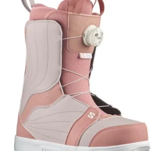 Rosa snowboard boots från Salomon - Säljer ett par rosa snowboard boots från Salomon med BOA-snörning för enkel justering. De har en stilren design i ljusrosa och vit med en robust sula för bra grepp i snön.