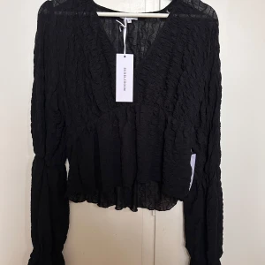 Svart blus från Bubbleroom - Snygg svart blus från Bubbleroom med v-ringning och långa ärmar. Blusen har en volangdetalj vid ärmslut och midja. Perfekt för festligare tillfällen ochför att lyfta vilken outfit som helst. I storleken S. Aldrig använd.
