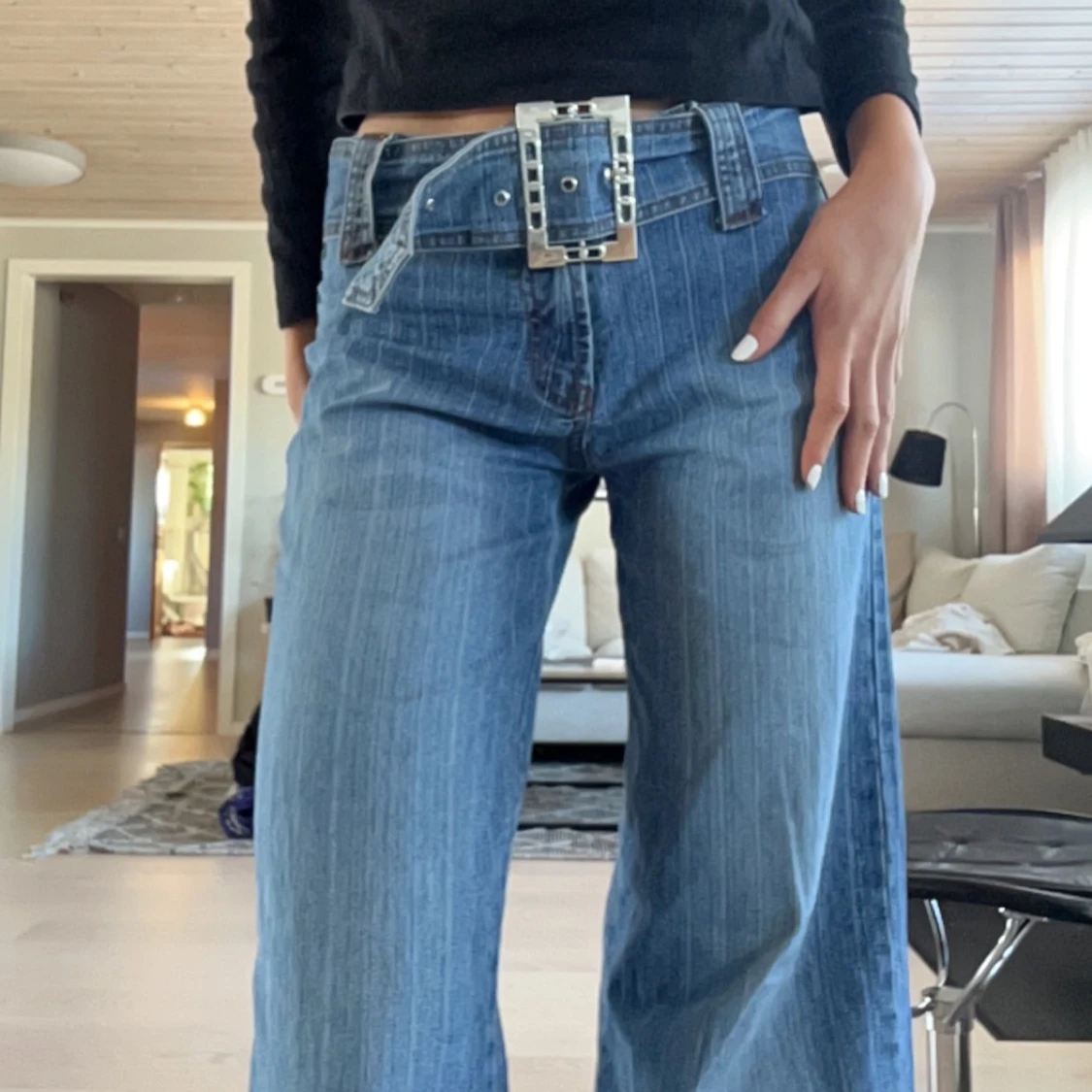 Blå vintage jeansbyxor från Diske (storlek 27, ca s)