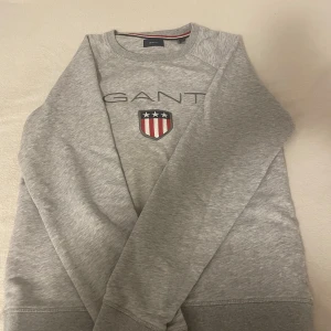 Grå sweatshirt från GANT - Snygg grå sweatshirt från GANT med ett tryckt emblem på bröstet i rött, vitt och blått. Tröjan har rund hals och långa ärmar, perfekt för en avslappnad stil.