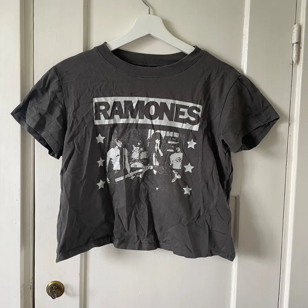 Säljer en grå Ramones t-shirt från H&M i storlek S. T-shirten är croppad och har ett coolt tryck med Ramones-loggan och bandmedlemmarna på framsidan. Den är kortärmad och gjord av bomull.. T-shirts.