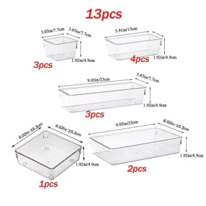 Transparenta lådinsatser i 13 delar - Praktiska och mångsidiga transparenta lådinsatser i 13 delar. Perfekta för att organisera alla typer av lådor med olika storlekar och kombinationer. Skapa oändliga möjligheter för ordning och reda i hemmet. Skriv innan köp!!