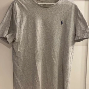 Grå t-shirt från Ralph Lauren - Säljer en klassisk grå t-shirt från Ralph Lauren med korta ärmar och en liten broderad logga i blått på bröstet. Perfekt för en avslappnad stil.