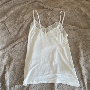 Vit linne med spetsdetaljer - Säljer ett superfint vitt linne med spetsdetaljer vid halsringningen. Perfekt för sommardagar eller som ett lager under en tröja. Linnet har smala axelband och är i ett mjukt och bekvämt material.