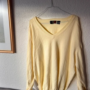 Gul v-ringad tröja - Säljer en mjuk och bekväm gul tröja med v-ringning. Perfekt för en avslappnad stil och passar bra till både jeans och kjol. Tröjan har långa ärmar och en lös passform.