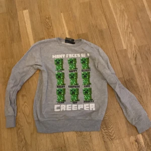 Grå Minecraft-tröja med Creeper-motiv - Säljer en grå tröja med Minecraft-tema. Den har ett coolt Creeper-motiv på framsidan med olika ansiktsuttryck och texten 'Many Faces of Creeper'. Perfekt för alla Minecraft-fans! Tröjan är långärmad och i bra skick.
