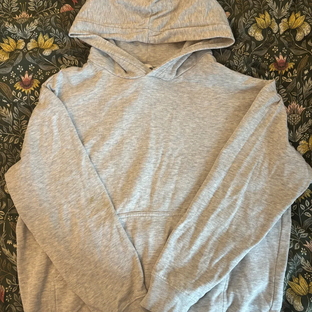 väl använd grå hoodie. Den har en liten defekt på höger arm kolla bild 3, de ser ut som en gräsfläck men den syns inte i helhet när man har den på sig. Snörena är avklippta. Storlek S men passar M med!😊. Hoodies.