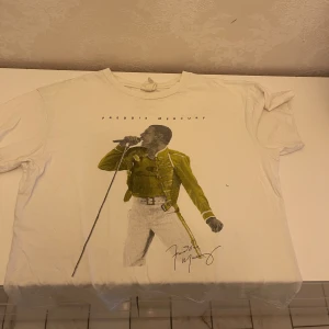 Vit t-shirt med Freddie Mercury-tryck - Säljer en vit t-shirt med ett coolt tryck av Freddie Mercury i en ikonisk pose. Perfekt för alla Queen-fans! T-shirten är kortärmad och har en oversized passform. Den är i cotton och passar perfekt till vardags eller konsertkvällar. Lite skrynklig men i bra skick.