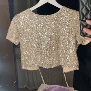 Glittrig kortärmad bolerotopp - Säljer en superfin glittrig topp i silver/champange färg. Den är kortärmad och perfekt för festliga tillfällen. Toppen är croppad och har en öppen design baktill. 
