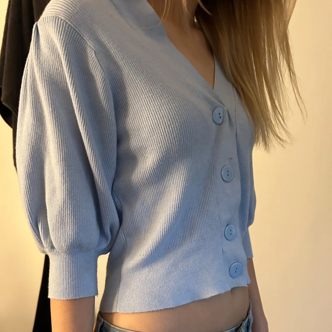 Ljusblå ribbad kofta - 3