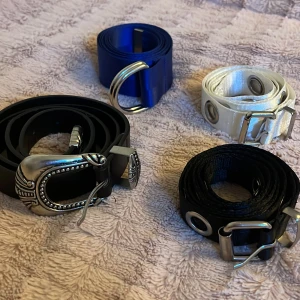 Fyrpack bälten i olika färger - Säljer fyra bälten i olika färger: svart, blå, vit och svart med silverdetaljer. Perfekta för att ge din outfit en extra touch! Bältena har olika spännen och är i bra skick. Passar både till vardag och fest. 30kr/styck