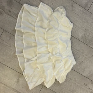 Vit volangkjol - Superfin vit kortkjol med volanger, perfekt för sommardagar eller en festlig kväll. Kjolen har en luftig och lätt känsla, vilket gör den idealisk för varma dagar. Den elastiska midjan ger en bekväm passform. Matcha med en söt topp och sandaler för en komplett look!