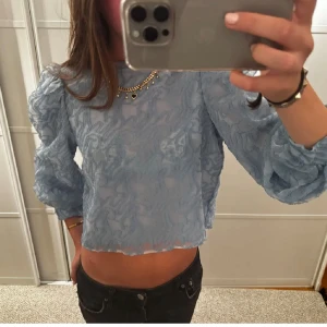 Ljusblå spetsblus - Säljer en superfin ljusblå blus i spetsmaterial. Den är croppad och har långa ärmar med en lätt puffig stil. Första bilden är inte min. 