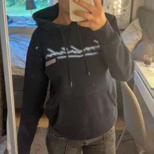 hoodrich hoodie  - Säljer en snygg mörkblå hoodie från hoodrich med hoodrich tryck i vitt och ljusblått på bröstet. Den har en klassisk känguruficka och justerbar huva med snören. Perfekt för en avslappnad stil eller mysiga dagar hemma. Passar bra till jeans eller joggers!