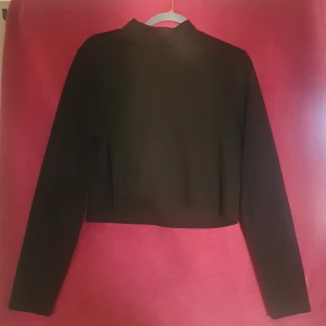 Svart långärmad tröja - Säljer en stilren svart långärmad kort tröja Perfekt för både vardag och festliga tillfällen. Tröjan har en enkel design utan mönster och är gjord i ett mjukt material. Passar bra till jeans eller kjol för en avslappnad look.