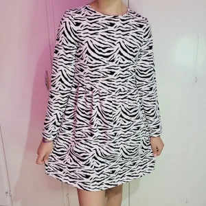 Zebramönstrad klänning - Zebramönstrad klänning med långa ärmar. Den har en avslappnad passform och är perfekt för både vardag och fest. Den har en liten öppning i ryggen. Aldrig använd.