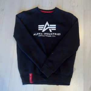 Svart sweatshirt från Alpha Industries - Säljer en svart sweatshirt från Alpha Industries med deras ikoniska logga tryckt på framsidan. Tröjan har en rund halsringning och ribbade muddar. Perfekt för en avslappnad stil.priset pågrund av fått färg när jag målat 