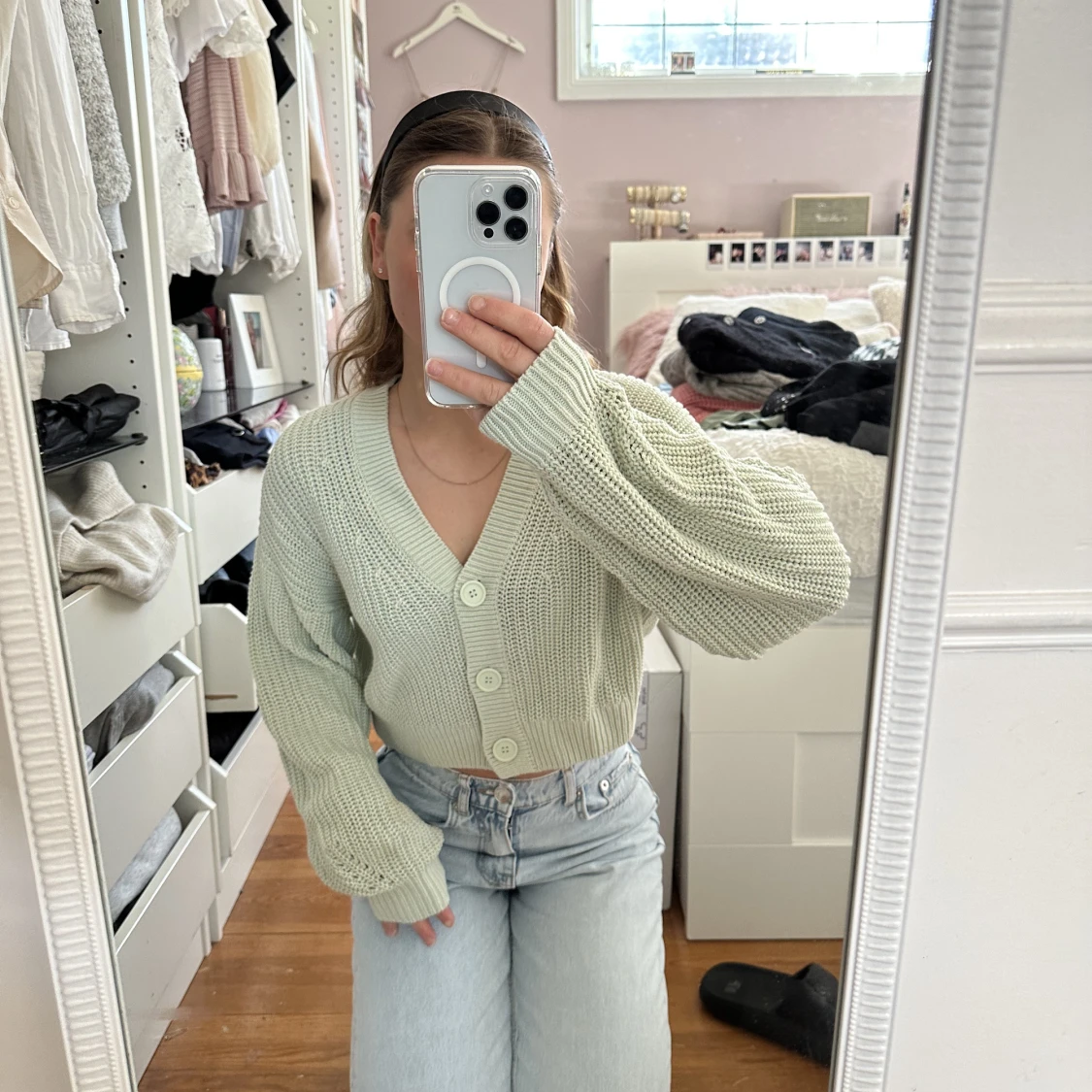 Stickad kofta, mintgrön