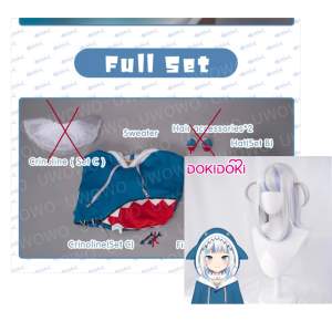  DM BEFORE PURCHASE! I’m selling my UWOWO gawr gura cos!! It includes the hoodie, one fishbone & the wig. The hoodie is also slightly damaged but barely noticable but dm me for pictures of the costume since i dont have any good ones atm!