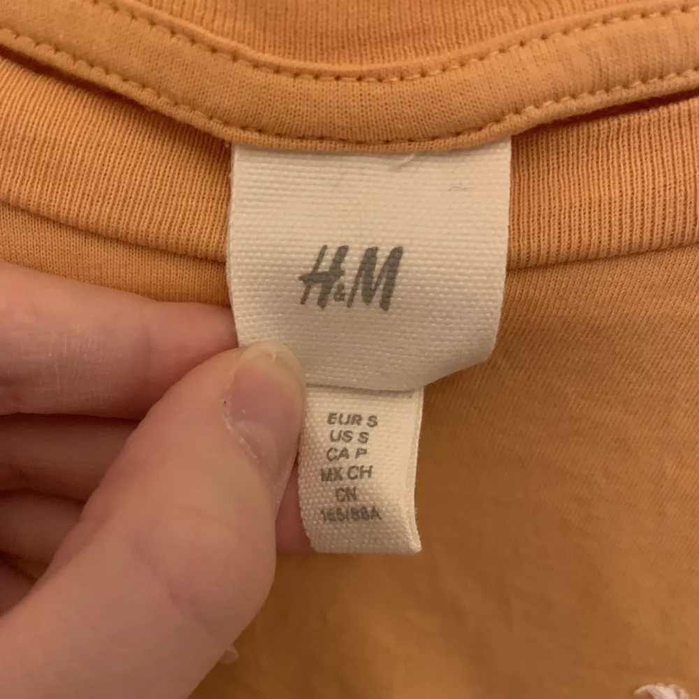 Säljer denna fina orange tröjan från H&M. Tröjan har ett litet tryck på vänster sida i form av en palm. Tröjan är i stl S. Köparen står för frakten❤️. T-shirts.