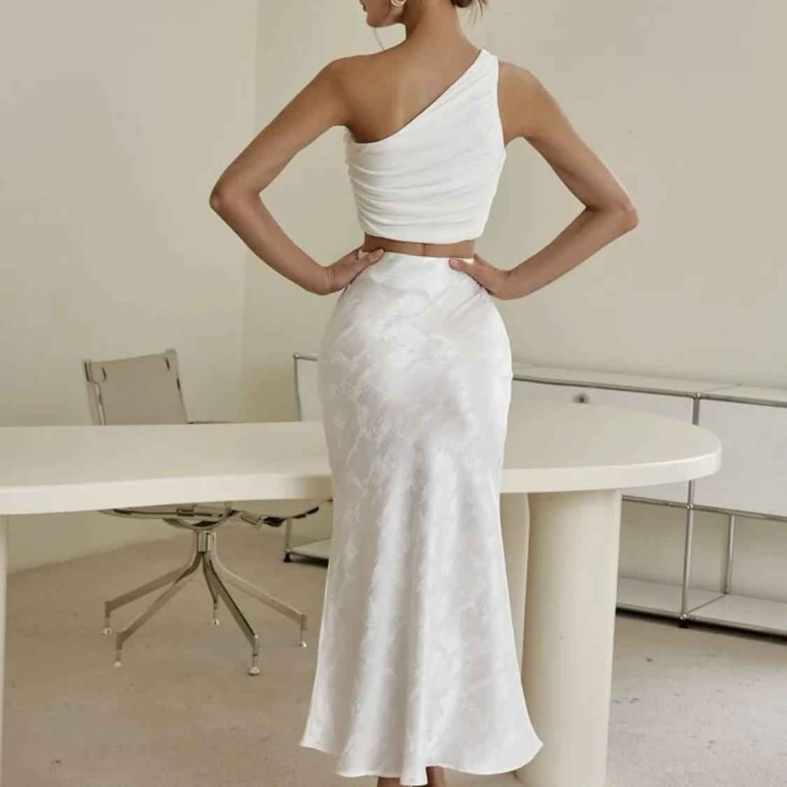 Sollinarry High Waist Jacquard Mermaid Hem Satin Skirt - 91