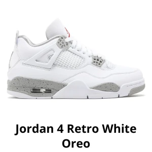 Jordans 4  - Säljer jordans 4 Retro White Oreo.  Använt fåtal gånger, så dom är i ett väldigt bra skick, skickar bilder vid intresse. Fick dom i julklapp förra året så jag har inget kvitto, dom är köpta på Trendy Goose 🫶🏻🫶🏻 Storlek 38,5 men passar även 38 och 39