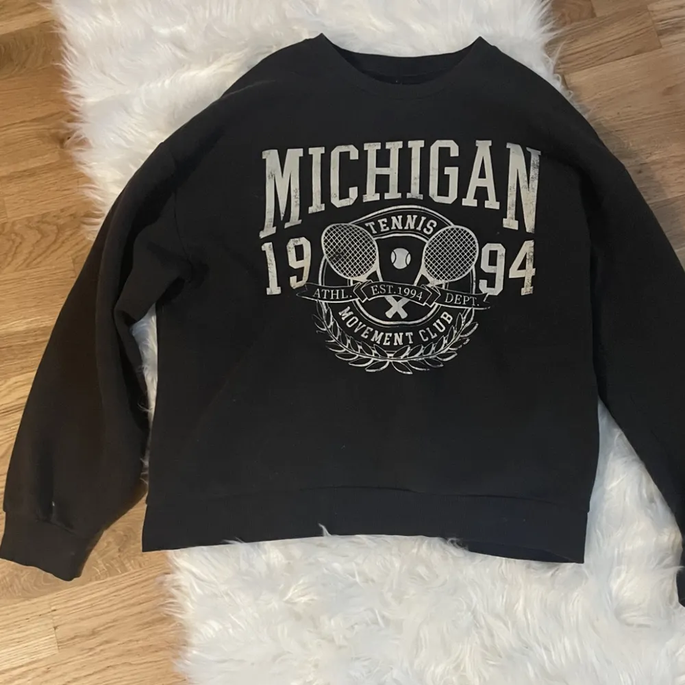 Mörkgrå sweatshirt med tryck från Gina Tricot, bra skick, köpt för: 250kr och säljes för: 90kr. Hoodies.
