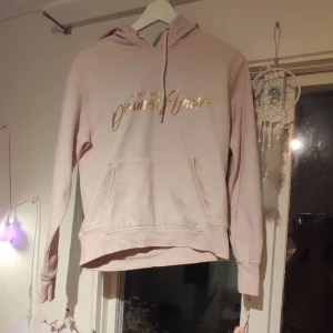 Söt rosa hoodie. - Puderrosa huvtröja med ficka och guldbokstäver i mitten.  Använd men i mycket bra skick.