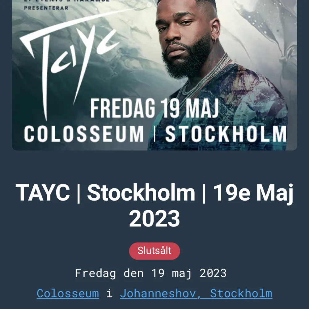 Säljer 3 biljetter till Tayc som kommer till Stockholm den 19e maj. Datumet är helt slutsålt och enda anledningen till att vi säljer är att vi fått förhinder🥲vi säljer biljetterna för 450/st ❤️‍🔥  . Övrigt.