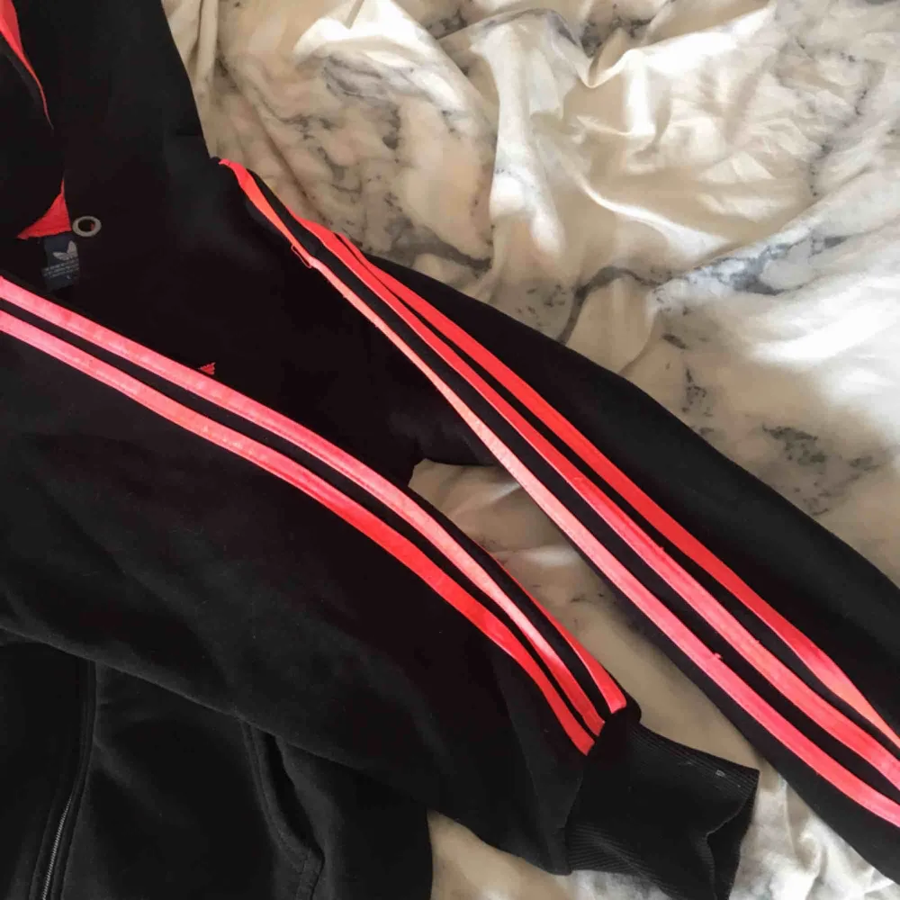 Säljer denna Adidas huvtröja med neon rosa text och linjer i Storlek S men skulle kunna passa en med storlek M också. Möts upp i Linköping annars står köparen för frakten  . Hoodies.