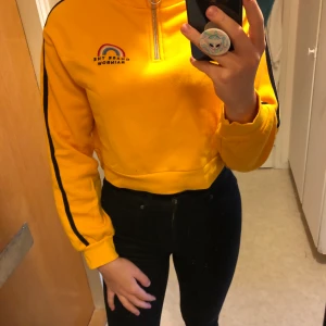 Croppad tjocktröja - Gul croppad tjocktröja från H&M. Storlek XS, men passar även S. Inköpt förra året, aldrig använd. Dragkedja i halsen som går att dra ned. Svarta revärer på ärmarna. Skicka meddelande till mig om du vill ha fler/bättre bilder! ☺️ 50kr+frakt