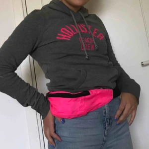  - Grå Hollisterhoodie med rosa text. Välanvänd men i bra skick! Frakt på 63kr tillkommer men kan mötas upp i Karlstad.