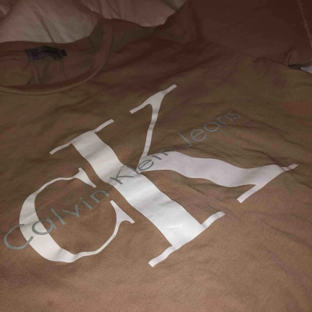 Beige/brun t-shirt från Calvin Klein, max använd 2 gånger så helt i ny skick. Snyggt tryck på bröstet och dom klassiska dubbla sömmarna i ryggen.. T-shirts.