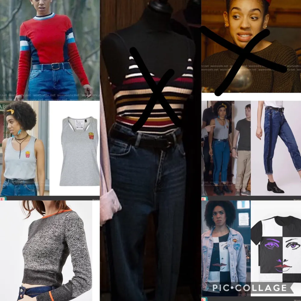 Looking for bill Potts clothes for cosplay. Must be these! ( I am looking for the print shirt, the jacket I’ve)  Prince T-shirt size S Urban outfitters Red jumper  Topshop fries print top/shirt  Topshop mom jeans size w28-30 Peace Earrings from Claire’s. ( även intresserad av liknade.) . Övrigt.