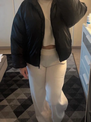 Svart croppad pufferjacka - Säljer en svart croppad pufferjacka med hög krage och dragkedja framtill. Jackan har en boxig passform och är perfekt för kalla vinterdagar. Materialet är glansigt och ger en modern look. Enkel att matcha med olika outfits.