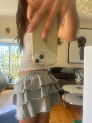 Helt ny Y2k lowwaist Monki mjukis volangkjol - ❣️Slutsåld och helt ny❣️Lågmidjad superfin grå 2000s minikjol med dubbla volanger i mjukis och bekväm resår i midjan från Monki. Kjolen har en avslappnad och lekfull stil, perfekt för att skapa en trendig look. Tillverkad i mjukt bomullsmaterial som känns skönt mot huden.