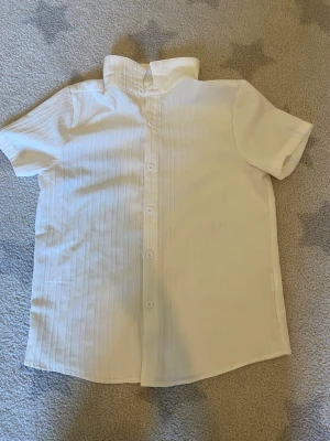 Vit kortärmad skjorta med knappar - Säljer en stilren vit skjorta med korta ärmar och knappar framtill. Skjortan har diskreta vertikala ränder i tyget som ger en snygg struktur. Perfekt till sommaren och enkel att matcha med olika outfits.