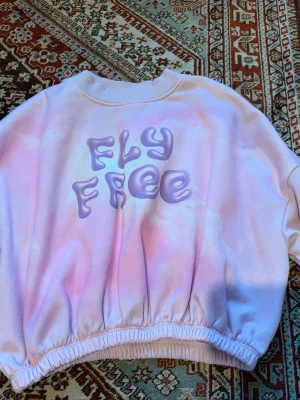 Pastellrosa sweatshirt med tryck - Säljer en oversized sweatshirt i pastellrosa och lila toner med texten 'FLY FREE' i lila framtill. Tröjan har rund halsringning, ballongärmar och resår i midjan. Perfekt för en chill och trendig look.