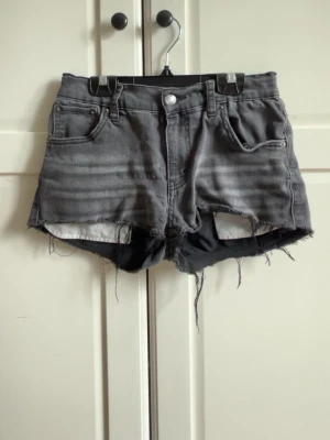 Grå jeansshorts  - Säljer ett par grå jeansshorts från levis med fransiga kanter och klassisk femficksdesign. Väldigt bra skick!