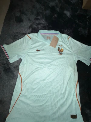 Frankrike Nike fotbollströja ljusgrön - Snygg ljusgrön fotbollströja från Nike med Frankrikes landslagsemblem och röda detaljer. Tröjan har korta ärmar, V-ringad krage och Dri-FIT-material för bra ventilation. Ränder i blått, vitt och rött på kragen och ärmsluten ger extra stil.