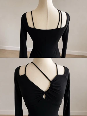 OANVÄND BikBok klänning S - Stilren svart klänning med lång ärm och unika smala axelband. Toppen har en unik cut-out detalj framtill och en croppad effekt över bysten. Figurnära passform och stretchigt material som ger en modern look.
