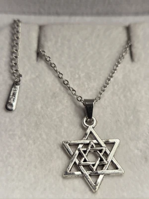 Stjärnformad halskedja i stål - Snygg halskedja i silverfärgat stål med ett hänge i form av en geometrisk stjärna. Kedjan har en justerbar längd och ett stilrent, modernt uttryck. Perfekt för dig som gillar minimalistiska och unika smycken. Hänget är ca 2 cm och kedjan 45 cm.