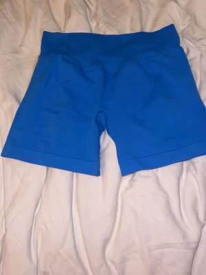 Blå träningstights shorts - Säljer ett par blåa seamless träningsshorts med hög midja. De är tillverkade i ett stretchigt och mjukt material som passar perfekt för gymmet eller löpning. Shortsen har en tight passform och bred linning för extra komfort. Vet inte märket men de är ganska lika dfyne impact shorts. Tror att de är storlek M men stora i storleken så M/L