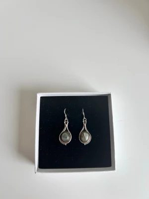 Silver örhängen med pärlor - Aldrig använda. Säljer ett par sterling silver droppformade örhängen i silverfärgad metall med gråskimrande cristaller i mitten. Örhängena har en elegant och stilren design som passar perfekt till dig som gillar klassiska accessoarer med en twist.