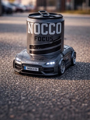 NOCCO Focus burk på leksaksbil - En svart NOCCO Focus energidrycksburk placerad på en svart leksaksbil med sportig design. Bilen har detaljerade strålkastare, silverfärgade fälgar och dekaler med NOCCO-logga. Perfekt som dekoration eller rolig pryl till samlingen. Nocco aluminium burk skickas vid köp ”se bild 2” och inte en riktigt bil 