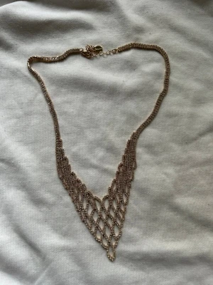 Guldigt halsband med pärldetaljer - Helt oanvänd Halsvand i guldton med små pärlor som bildar ett nätmönster i V-form. Kedjan är tunn och smidig med justerbart spänne. Perfekt för dig som vill ha något som sticker ut och ger en cool touch till din outfit.