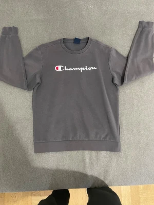 Grå stickad tröja från Champion - Snygg grå stickad tröja från Champion med det klassiska broderade logotypen i vitt och rött på bröstet. Tröjan har rund halsringning och långa ärmar, perfekt för en avslappnad och sportig stil.