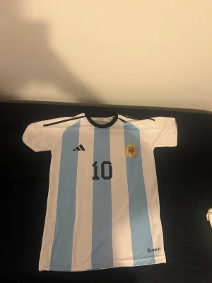 Argentina Messi matchtröja nr 10 - Snygg Argentina matchtröja från Adidas med klassiska blå och vita ränder. Nummer 10 och Messi tryckt på ryggen, samt landslagets emblem på bröstet. Tillverkad i lätt och ventilerande material, perfekt för fotboll eller träning.